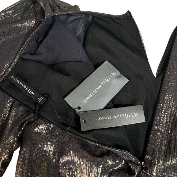 NWT Cocktail Mini Dress Sz.S Black Gauzy Gold Shimmer Sheer Sleeve 90s Event - Picture 8 of 14